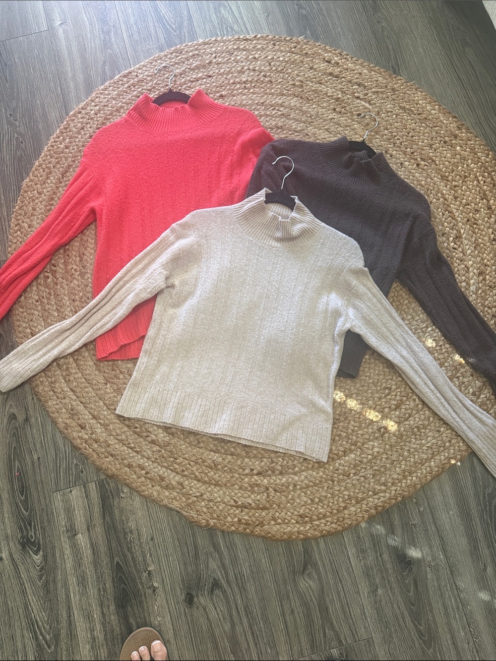 J. Crew Ribbed Mock Neck Sweaters in Red, Cream, and Brown